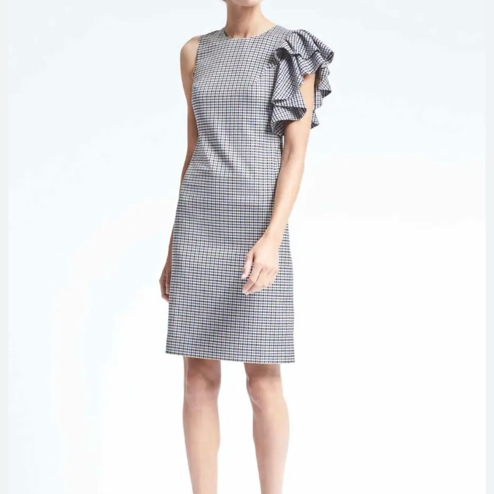 Banana Republic Ruffle Shoulder Brown Blue Black White Plaid Dress Women's 0P